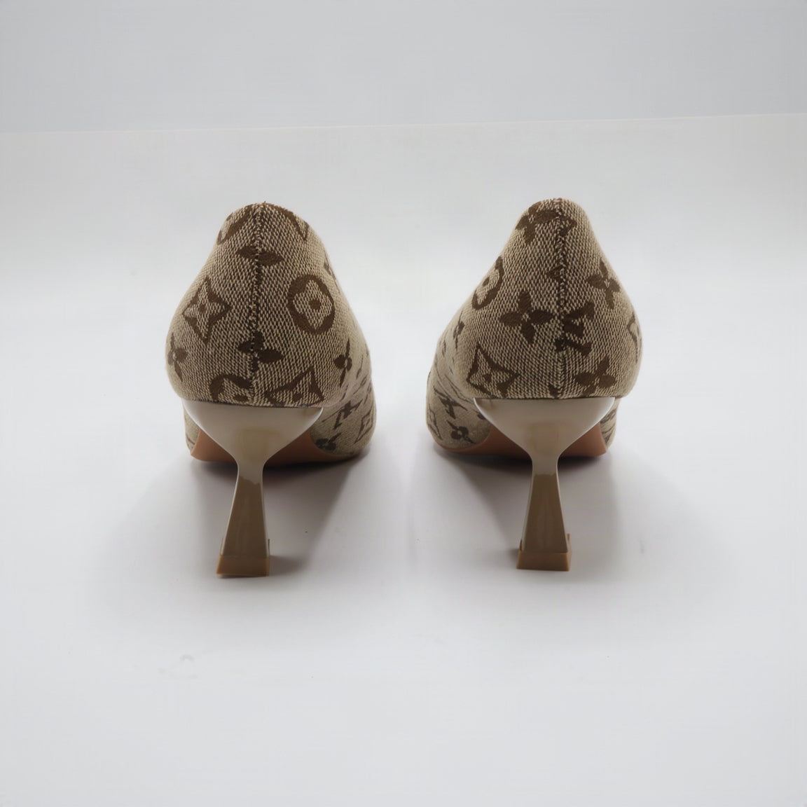 Monogram Jacquard Pointed-Toe Horsebit Flared Heel Pumps – Women's Brown & Tan Low-Heel Dress Shoes