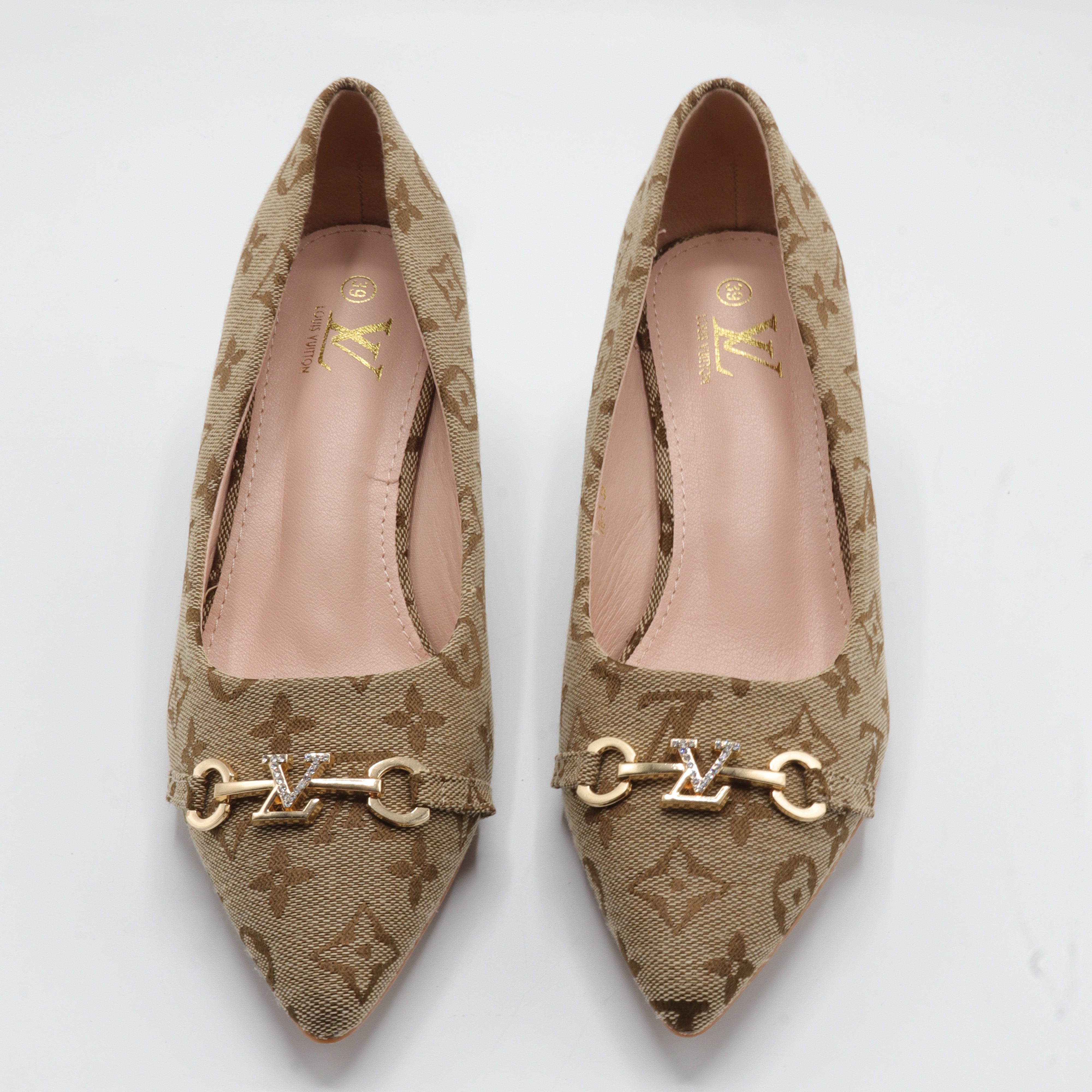 Monogram Jacquard Pointed-Toe Horsebit Flared Heel Pumps – Women's Brown & Tan Low-Heel Dress Shoes