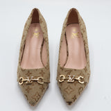 Monogram Jacquard Pointed-Toe Horsebit Flared Heel Pumps – Women's Brown & Tan Low-Heel Dress Shoes