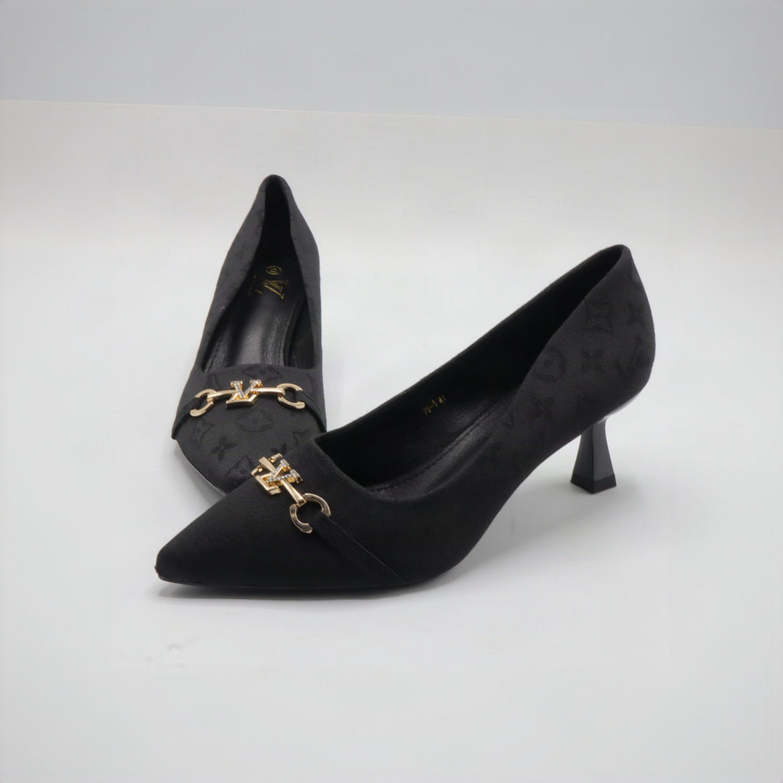 Monogram Jacquard Pointed-Toe Horsebit Flared Heel Pumps – Women's Black & Charcoal Low-Heel Dress Shoes