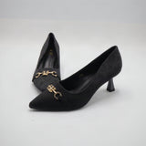 Monogram Jacquard Pointed-Toe Horsebit Flared Heel Pumps – Women's Black & Charcoal Low-Heel Dress Shoes