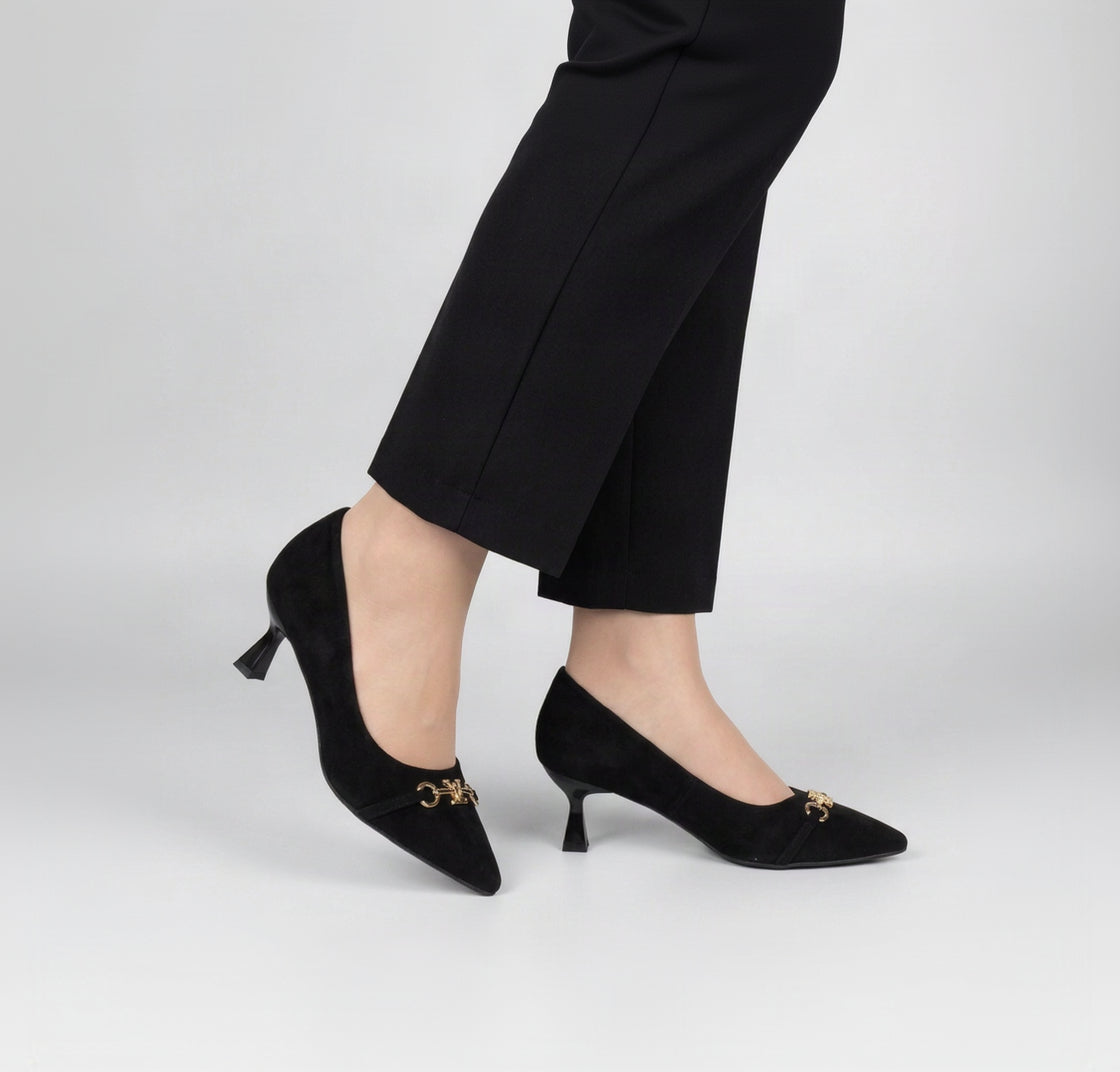 Monogram Jacquard Pointed-Toe Horsebit Flared Heel Pumps – Women's Black & Charcoal Low-Heel Dress Shoes