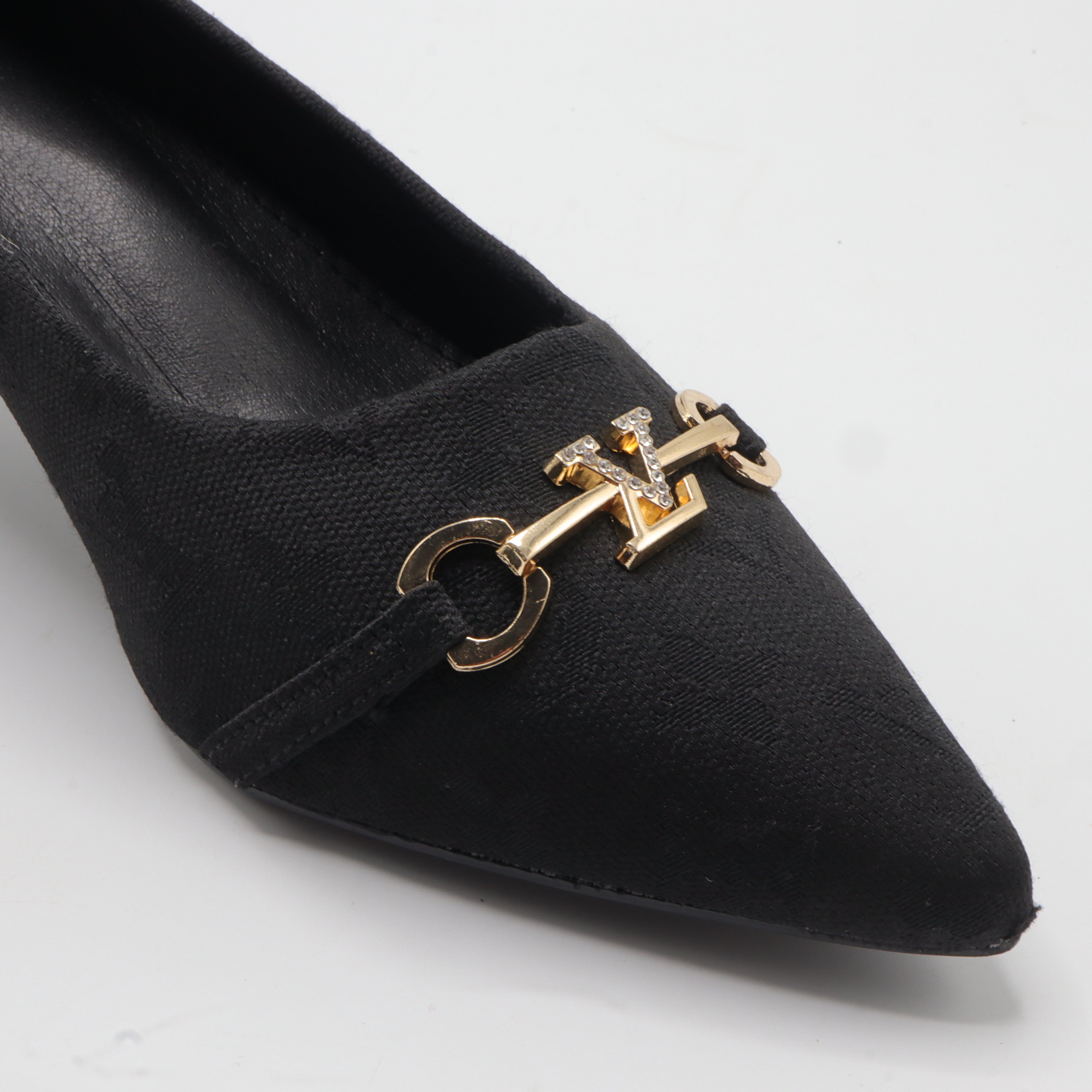 Monogram Jacquard Pointed-Toe Horsebit Flared Heel Pumps – Women's Black & Charcoal Low-Heel Dress Shoes