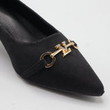 Monogram Jacquard Pointed-Toe Horsebit Flared Heel Pumps – Women's Black & Charcoal Low-Heel Dress Shoes
