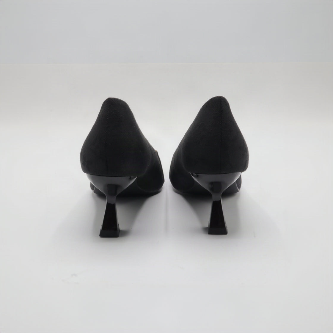 Monogram Jacquard Pointed-Toe Horsebit Flared Heel Pumps – Women's Black & Charcoal Low-Heel Dress Shoes