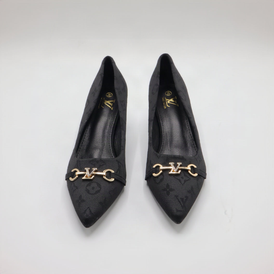Monogram Jacquard Pointed-Toe Horsebit Flared Heel Pumps – Women's Black & Charcoal Low-Heel Dress Shoes
