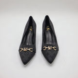 Monogram Jacquard Pointed-Toe Horsebit Flared Heel Pumps – Women's Black & Charcoal Low-Heel Dress Shoes