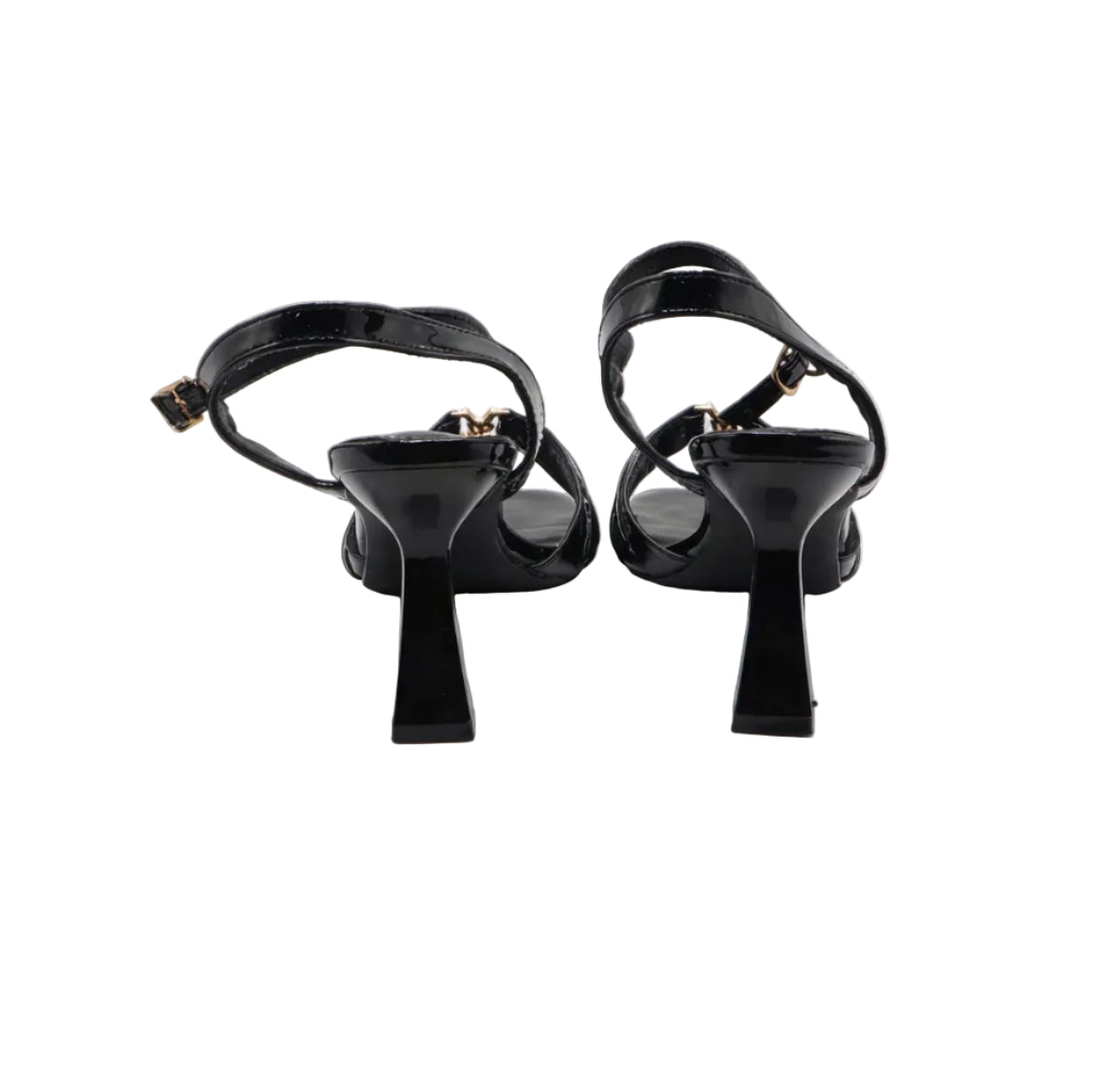Pleated Gold Monogram Square-Toe Flared Block-Heel Sandals – Women's Black Patent Ankle-Strap Heels