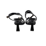 Pleated Gold Monogram Square-Toe Flared Block-Heel Sandals – Women's Black Patent Ankle-Strap Heels