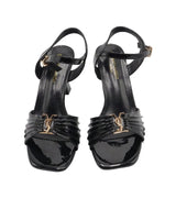 Pleated Gold Monogram Square-Toe Flared Block-Heel Sandals – Women's Black Patent Ankle-Strap Heels