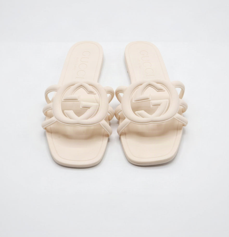 Interlocking Cutout Monogram Square-Toe Flat Slides – Women's Cream Matte Jelly Slip-On Sandals