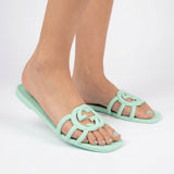 Interlocking Cutout Monogram Square-Toe Flat Slides – Women's Pastel Mint Green Matte Jelly Sandals