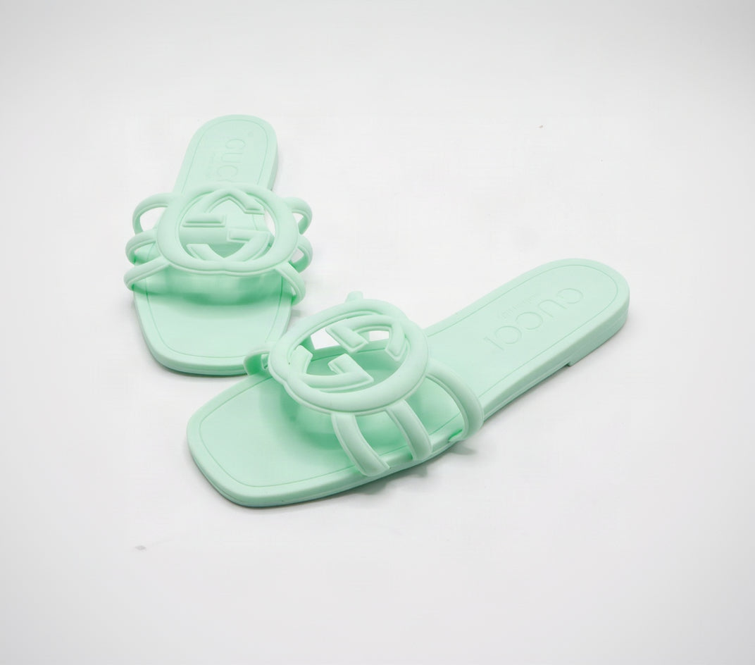 Interlocking Cutout Monogram Square-Toe Flat Slides – Women's Pastel Mint Green Matte Jelly Sandals