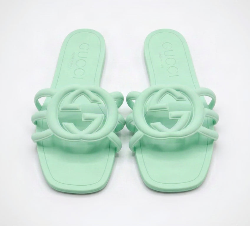 Interlocking Cutout Monogram Square-Toe Flat Slides – Women's Pastel Mint Green Matte Jelly Sandals