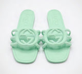 Interlocking Cutout Monogram Square-Toe Flat Slides – Women's Pastel Mint Green Matte Jelly Sandals