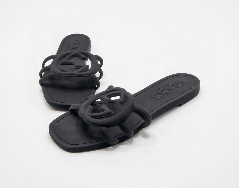 Interlocking Cutout Monogram Square-Toe Flat Slides – Women's Matte Black Jelly Slip-On Sandals