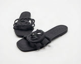 Interlocking Cutout Monogram Square-Toe Flat Slides – Women's Matte Black Jelly Slip-On Sandals