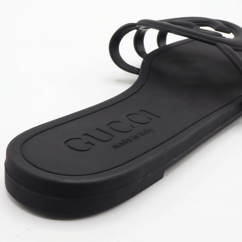 Interlocking Cutout Monogram Square-Toe Flat Slides – Women's Matte Black Jelly Slip-On Sandals