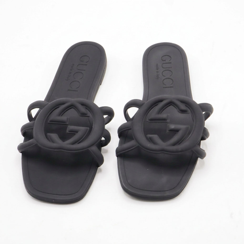 Interlocking Cutout Monogram Square-Toe Flat Slides – Women's Matte Black Jelly Slip-On Sandals