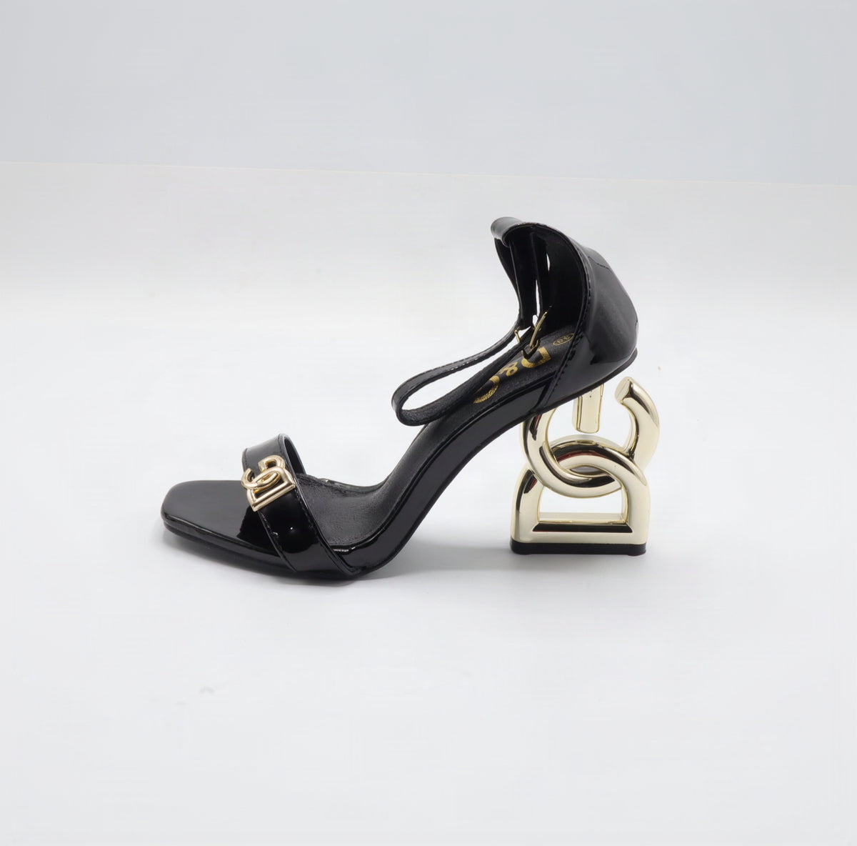 Sculpted Gold Monogram Block-Heel Ankle-Strap Sandals – Women's Black Patent Leather Open-Toe Heels