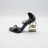 Sculpted Gold Monogram Block-Heel Ankle-Strap Sandals – Women's Black Patent Leather Open-Toe Heels