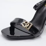 Sculpted Gold Monogram Block-Heel Ankle-Strap Sandals – Women's Black Patent Leather Open-Toe Heels