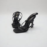Crystal Rhinestone Strappy Sculpted Monogram Heel Sandals – Women's Black Satin Open-Toe Heels