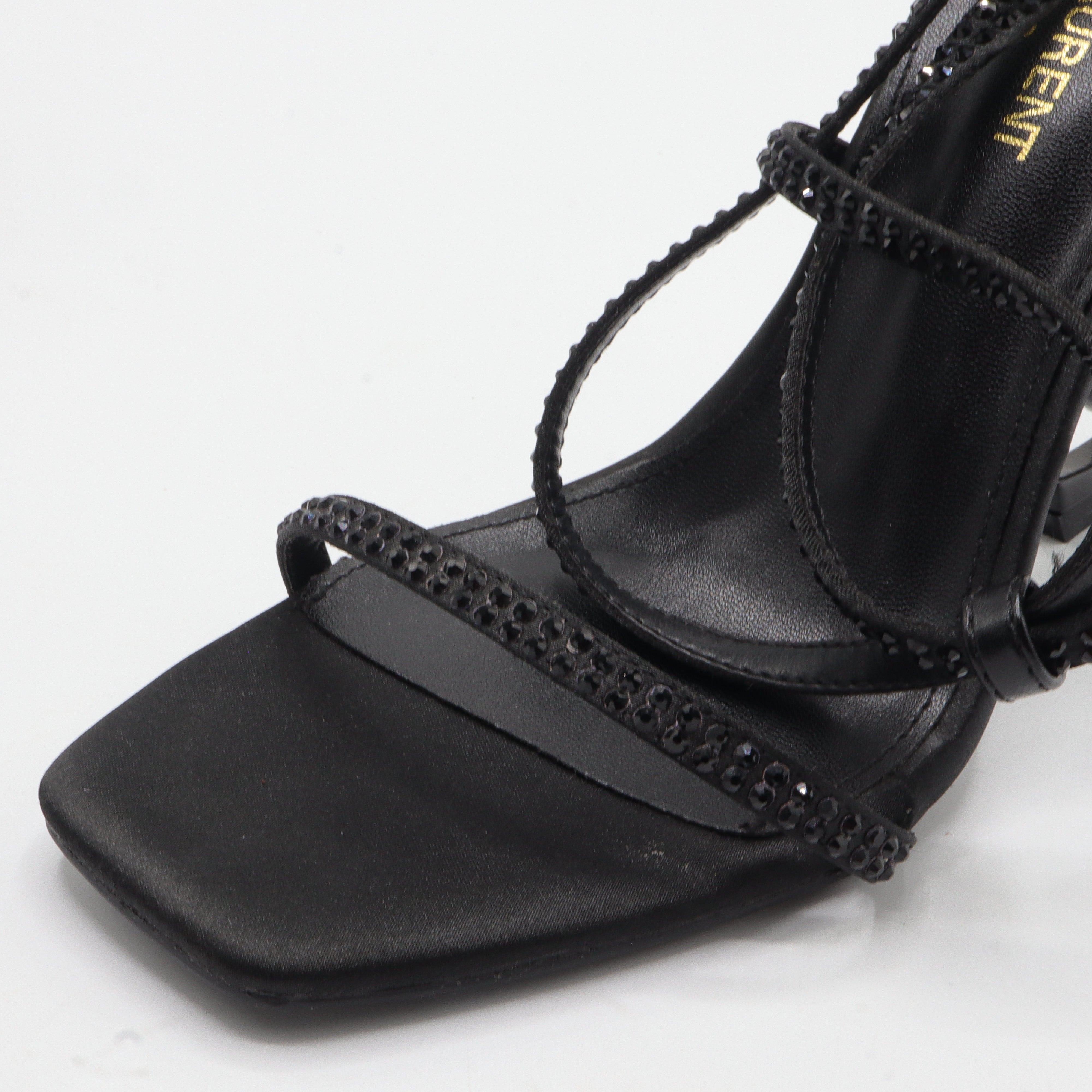 Crystal Rhinestone Strappy Sculpted Monogram Heel Sandals – Women's Black Satin Open-Toe Heels
