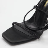 Crystal Rhinestone Strappy Sculpted Monogram Heel Sandals – Women's Black Satin Open-Toe Heels