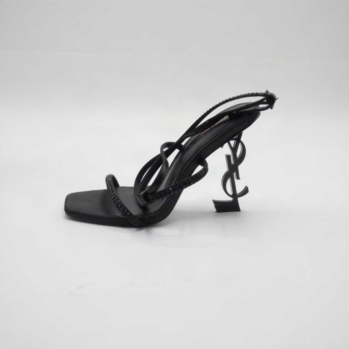 Crystal Rhinestone Strappy Sculpted Monogram Heel Sandals – Women's Black Satin Open-Toe Heels