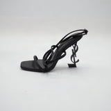 Crystal Rhinestone Strappy Sculpted Monogram Heel Sandals – Women's Black Satin Open-Toe Heels