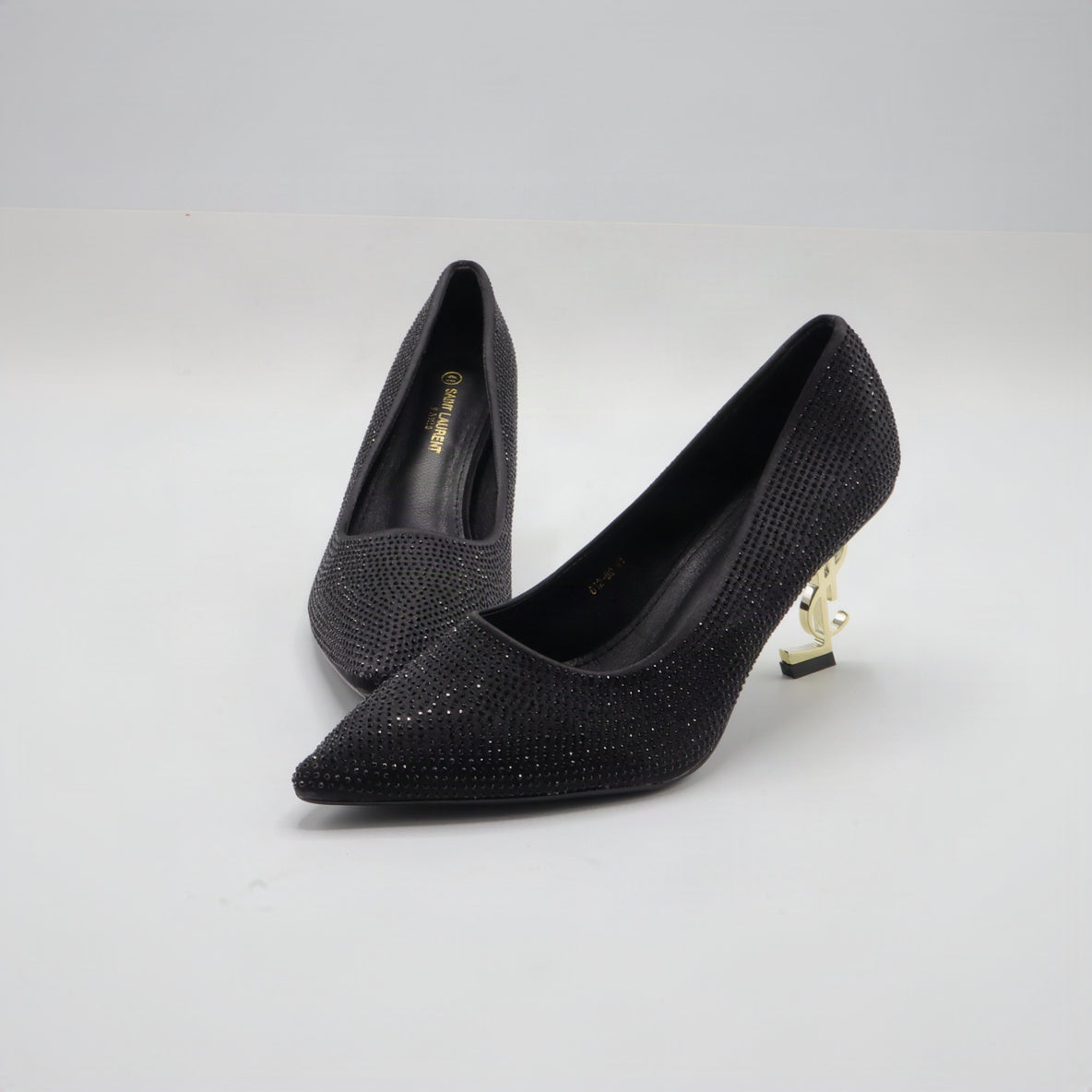Crystal Rhinestone Pointed-Toe Gold Monogram Heel Pumps – Women's Black Evening Dress Shoes