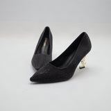 Crystal Rhinestone Pointed-Toe Gold Monogram Heel Pumps – Women's Black Evening Dress Shoes