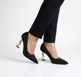 Crystal Rhinestone Pointed-Toe Gold Monogram Heel Pumps – Women's Black Evening Dress Shoes