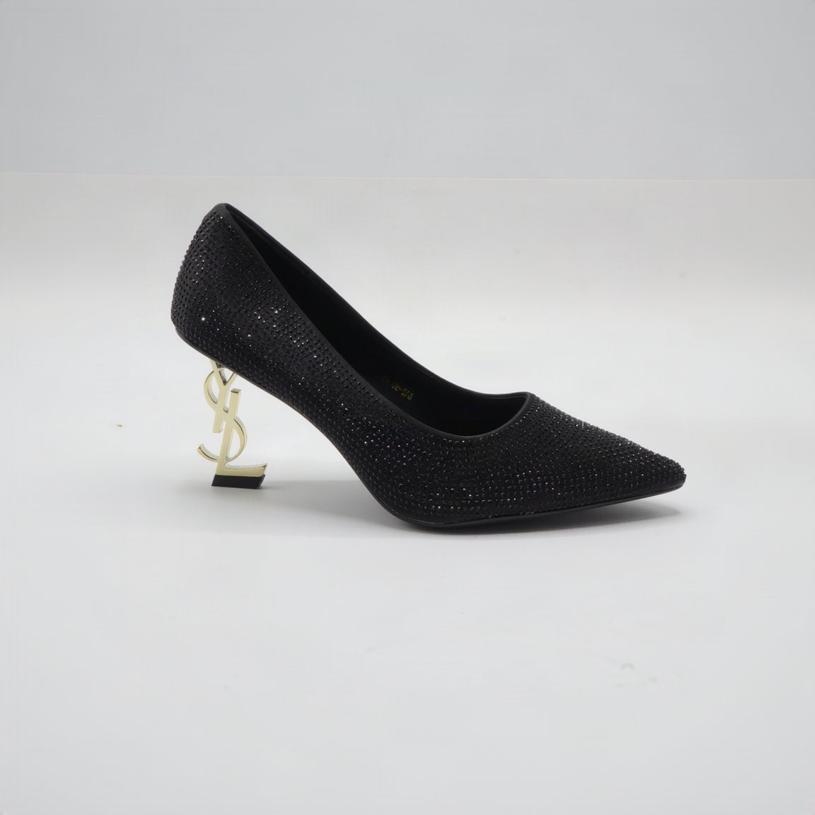 Crystal Rhinestone Pointed-Toe Gold Monogram Heel Pumps – Women's Black Evening Dress Shoes