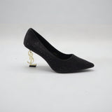 Crystal Rhinestone Pointed-Toe Gold Monogram Heel Pumps – Women's Black Evening Dress Shoes