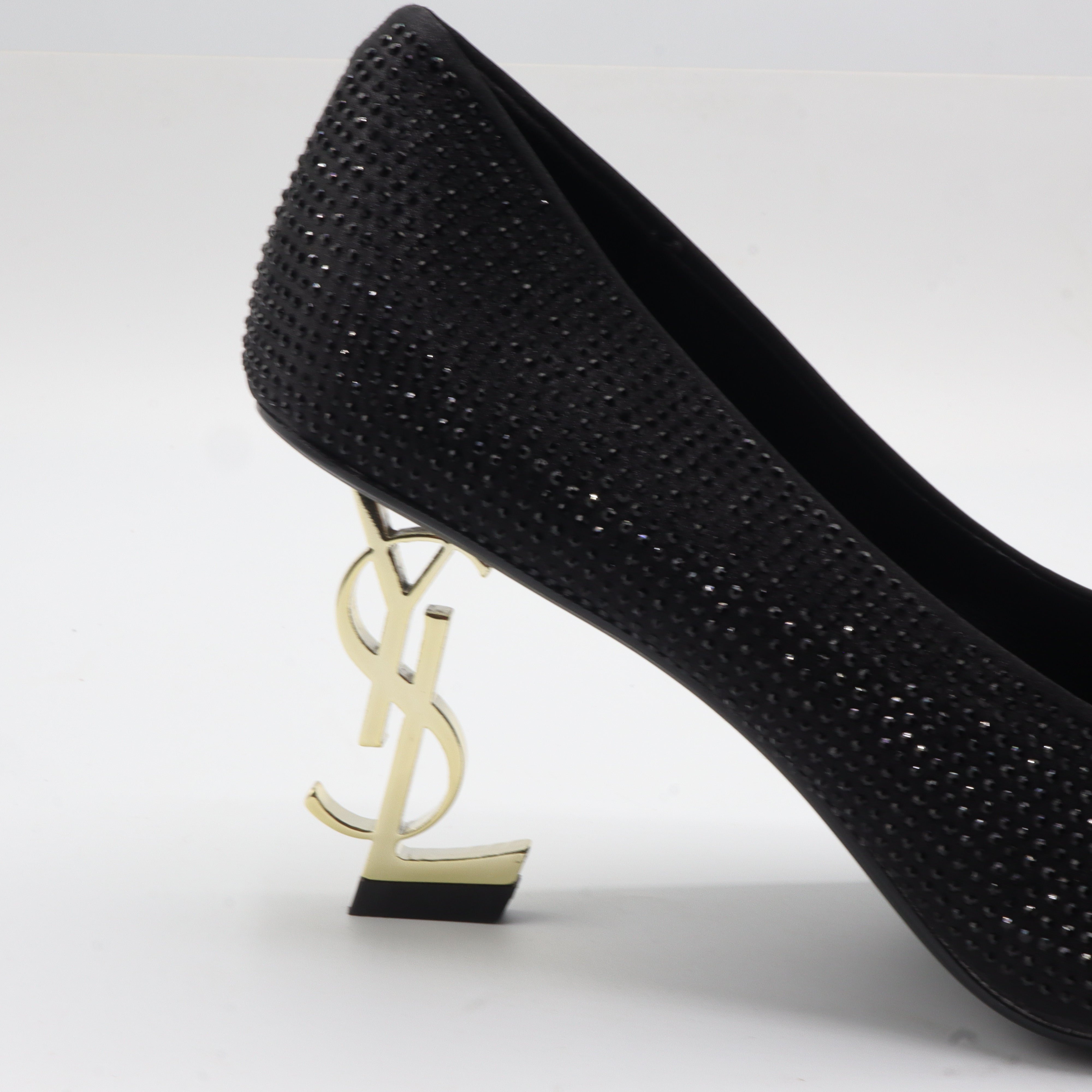 Crystal Rhinestone Pointed-Toe Gold Monogram Heel Pumps – Women's Black Evening Dress Shoes