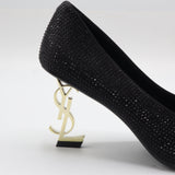 Crystal Rhinestone Pointed-Toe Gold Monogram Heel Pumps – Women's Black Evening Dress Shoes