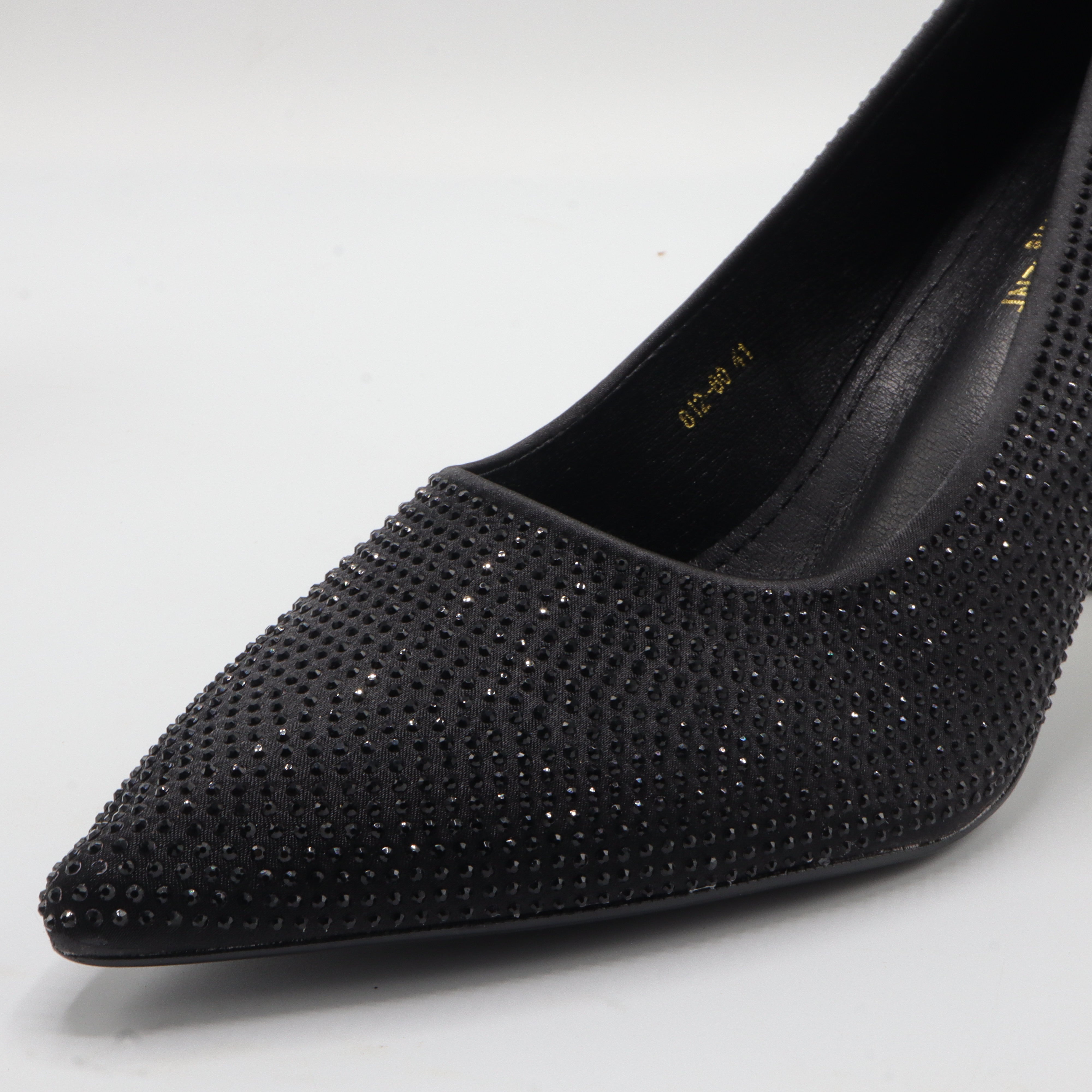 Crystal Rhinestone Pointed-Toe Gold Monogram Heel Pumps – Women's Black Evening Dress Shoes