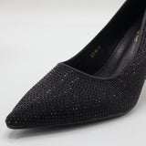 Crystal Rhinestone Pointed-Toe Gold Monogram Heel Pumps – Women's Black Evening Dress Shoes