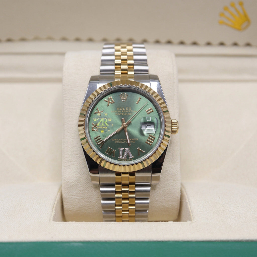 Rolex Style Datejust Two-Tone Jubilee Watch – Men's Gold & Green Sunburst Roman Numeral Watch