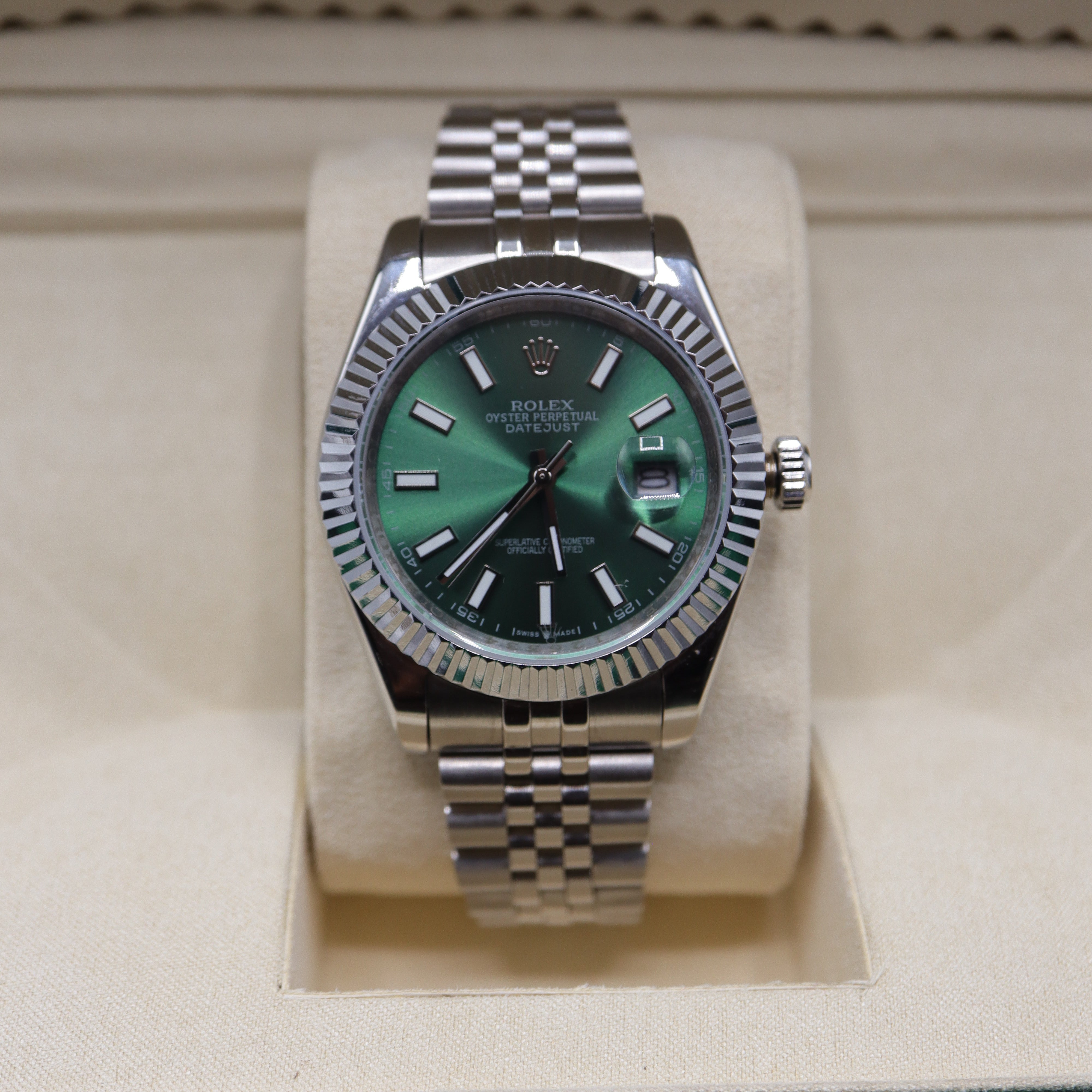 Rolex Style Datejust Jubilee Watch – Men's Steel & Green Sunburst Dial Watch