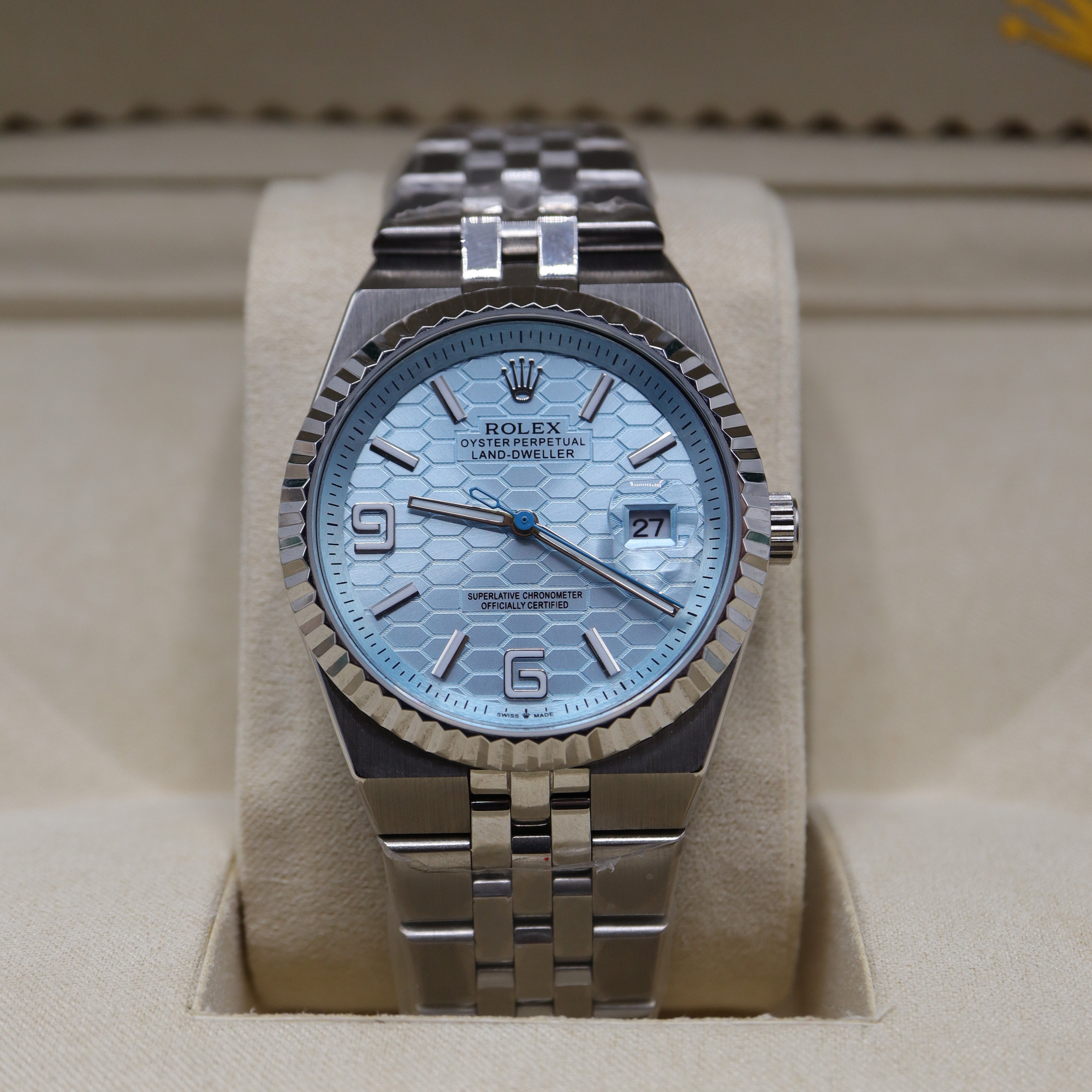Rolex Style Land-Dweller Jubilee Watch – Men's Steel & Ice Blue Honeycomb Dial Watch