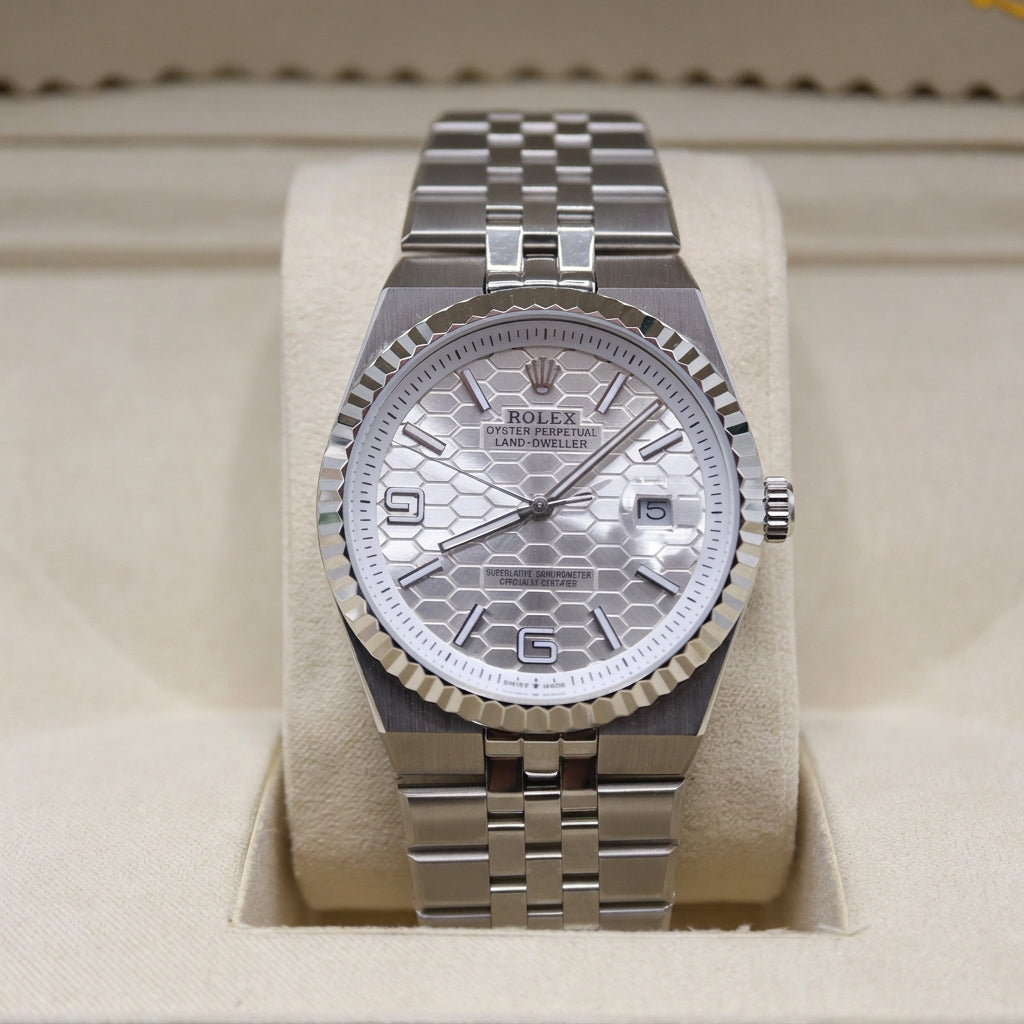 Rolex Style Land-Dweller Jubilee Watch – Men's Steel & Silver Honeycomb Dial Watch