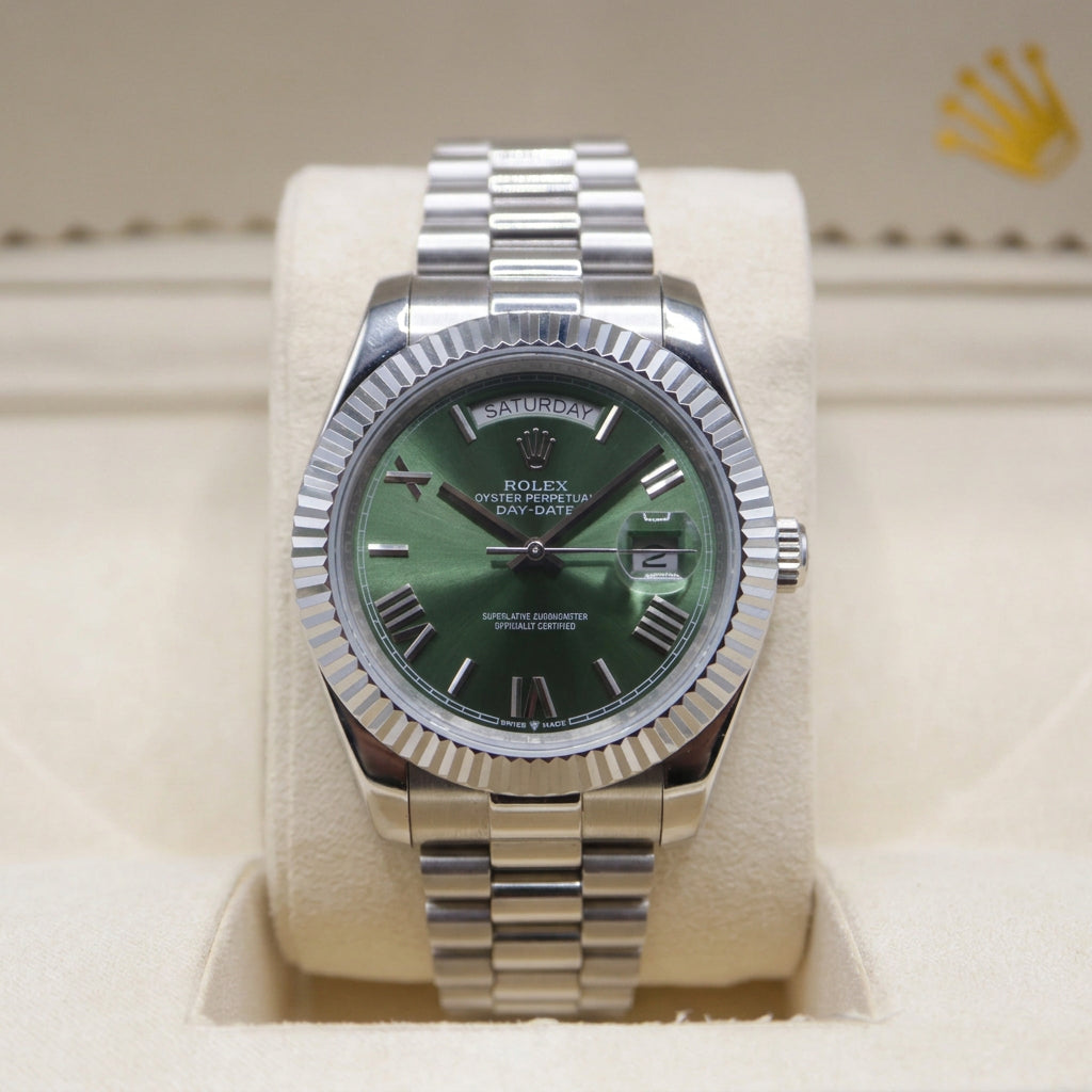 Rolex Style President Day-Date Watch – Men's Steel & Green Sunburst Roman Numeral Watch