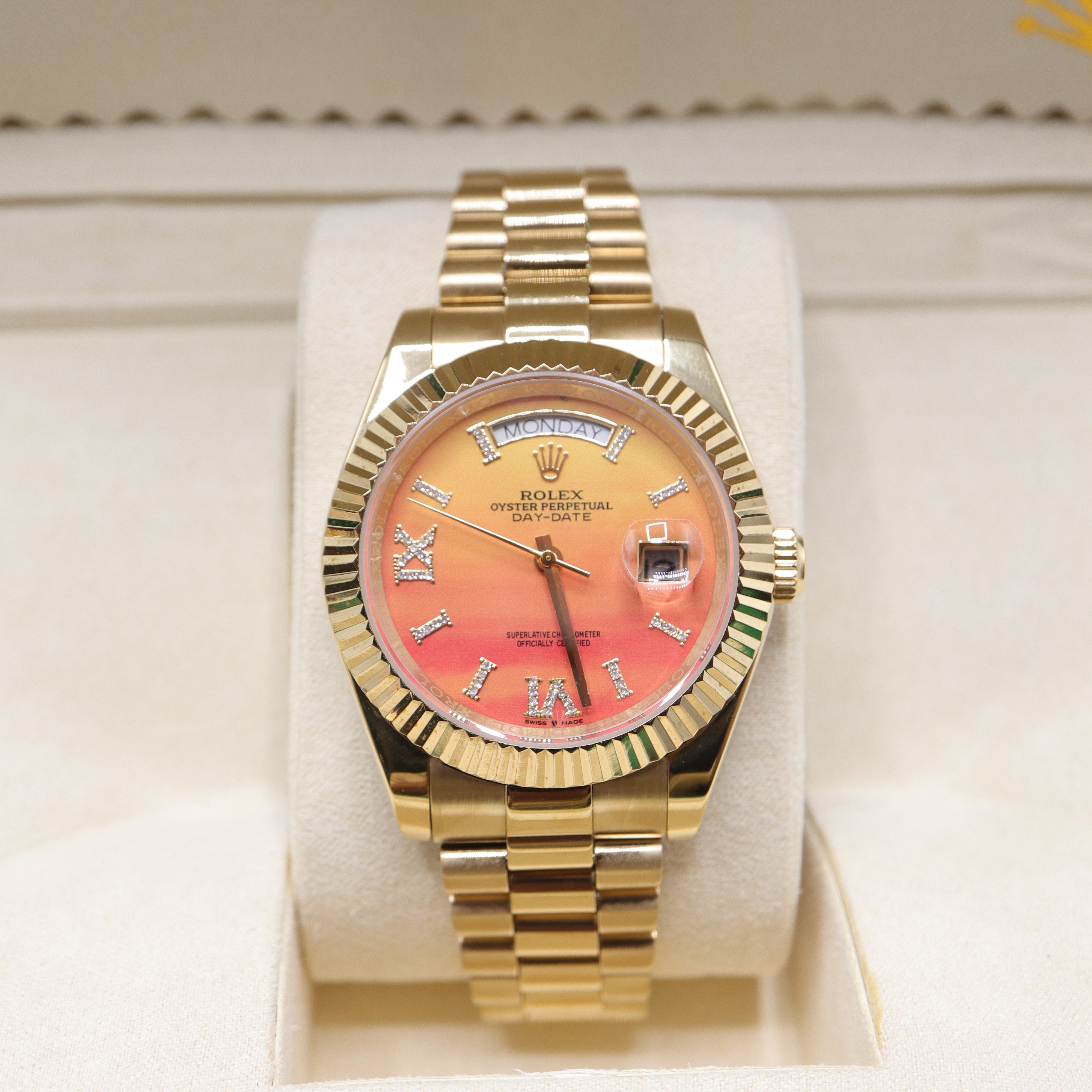 Rolex Style President Day-Date Watch – Men's 18k Gold Orange Ombré Diamond Dial Watch