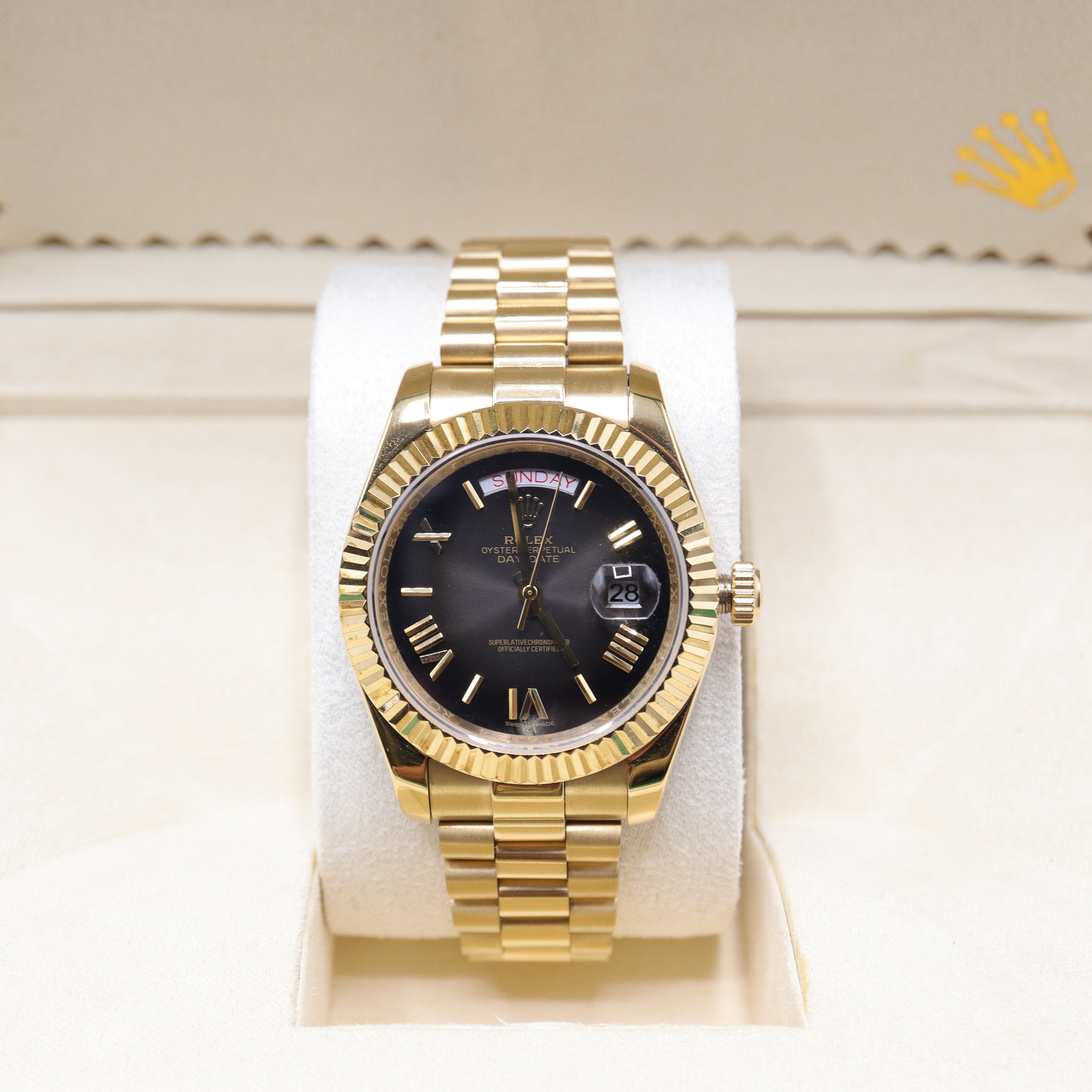 Rolex Style President Day-Date Watch – Men's 18k Gold Black Sunburst Roman Numeral Watch