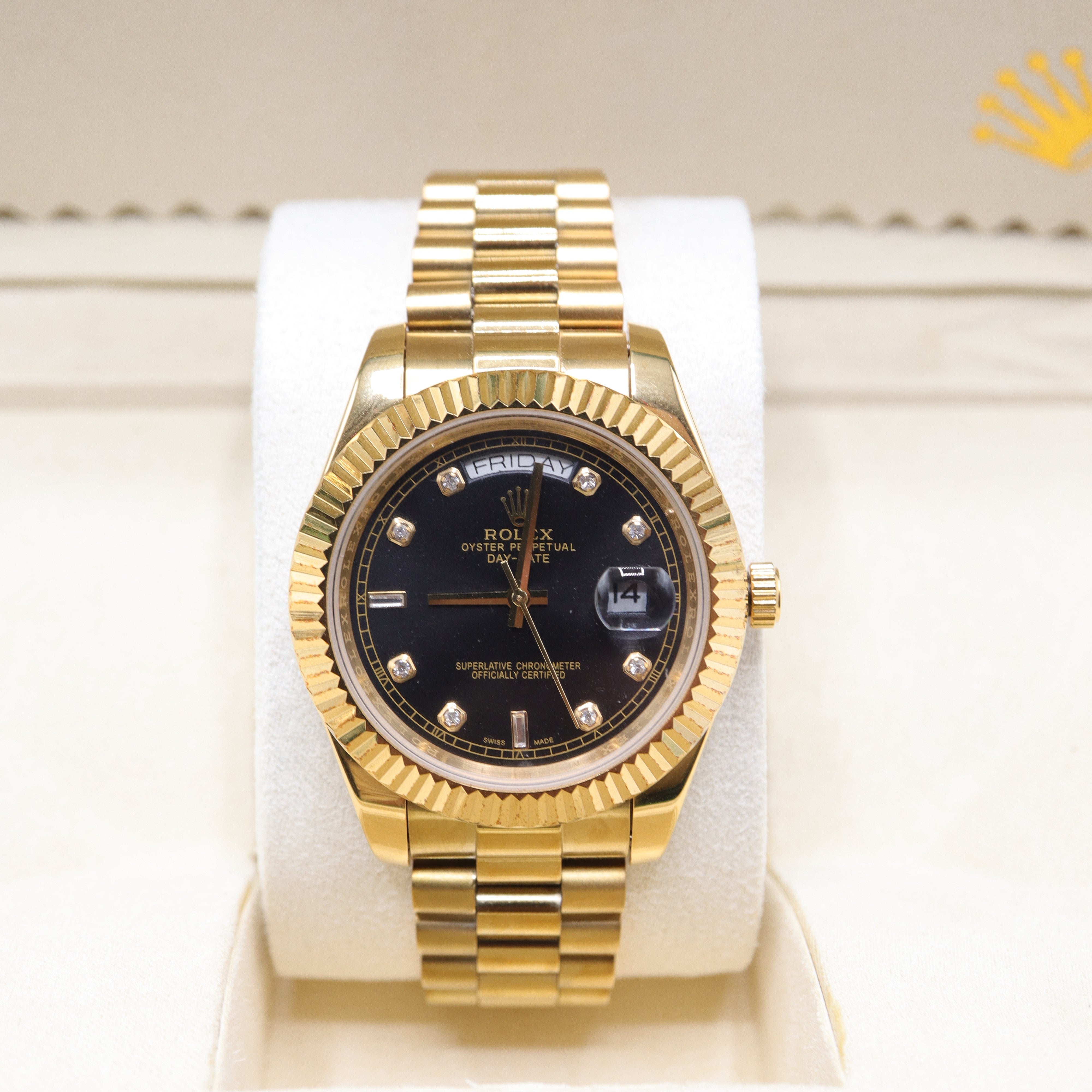 Rolex Style President Day-Date Watch – Men's 18k Gold Black Dial Diamond Marker Watch