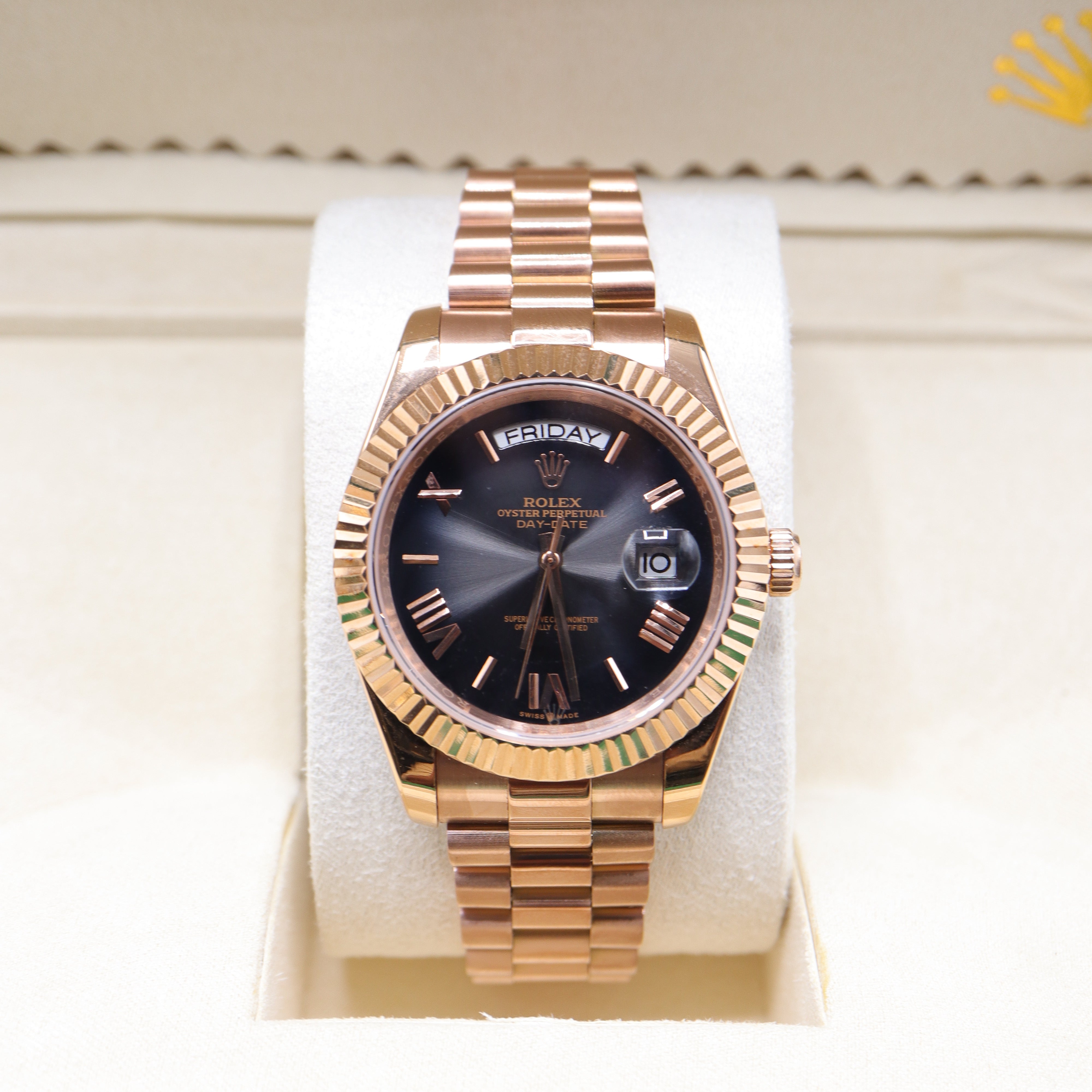 Rolex Style President Day-Date Watch – Men's 18k Rose Gold Black Sunburst Roman Numeral Watch