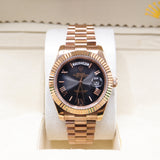 Rolex Style President Day-Date Watch – Men's 18k Rose Gold Black Sunburst Roman Numeral Watch